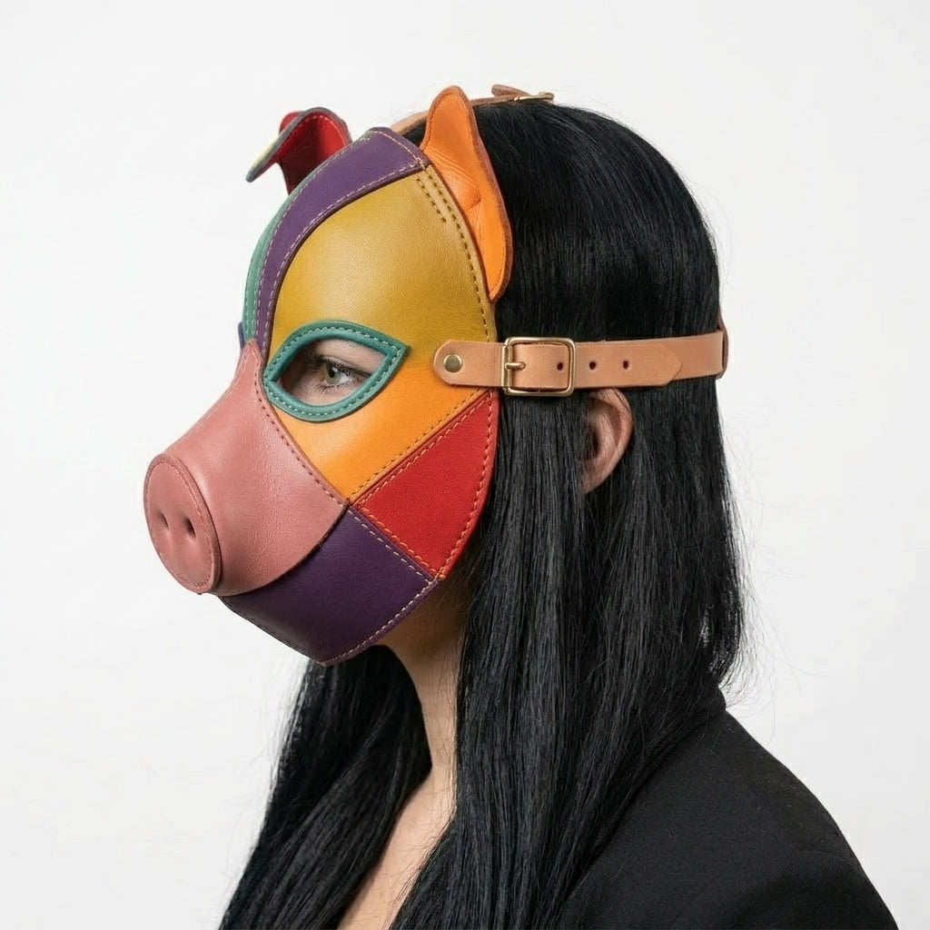 Handmade Leather Pig Mask – Rainbow Patchwork Animal Mask with Adjustable Strap