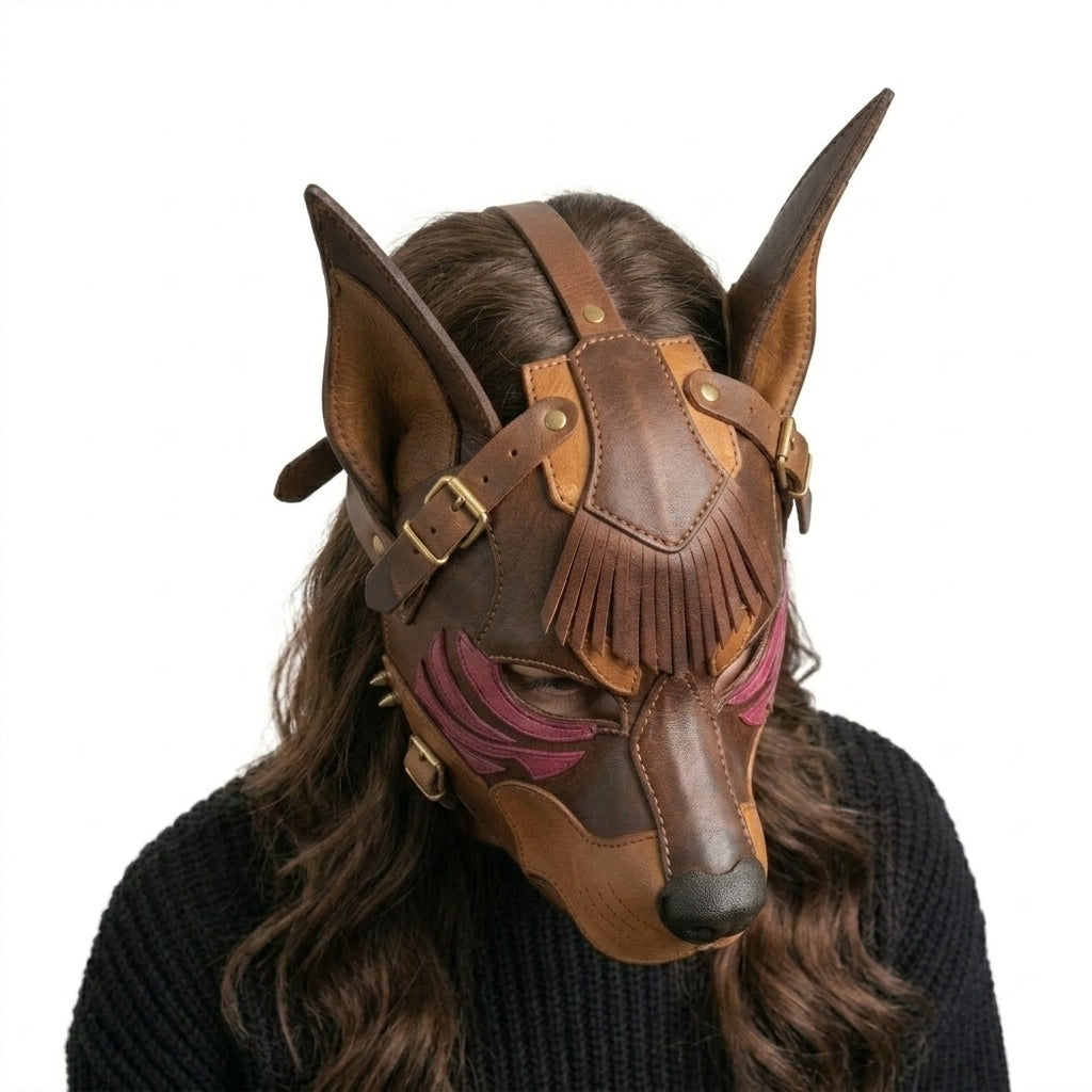 Handcrafted Leather Wolf Mask — Tribal Warrior Animal Mask with Spike Hardware