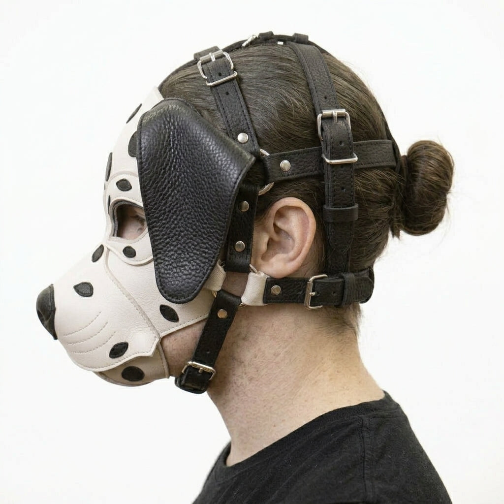 Leather Dalmatian Mask – Full-Head Spotted Dog Mask with Adjustable Multi-Strap Harness