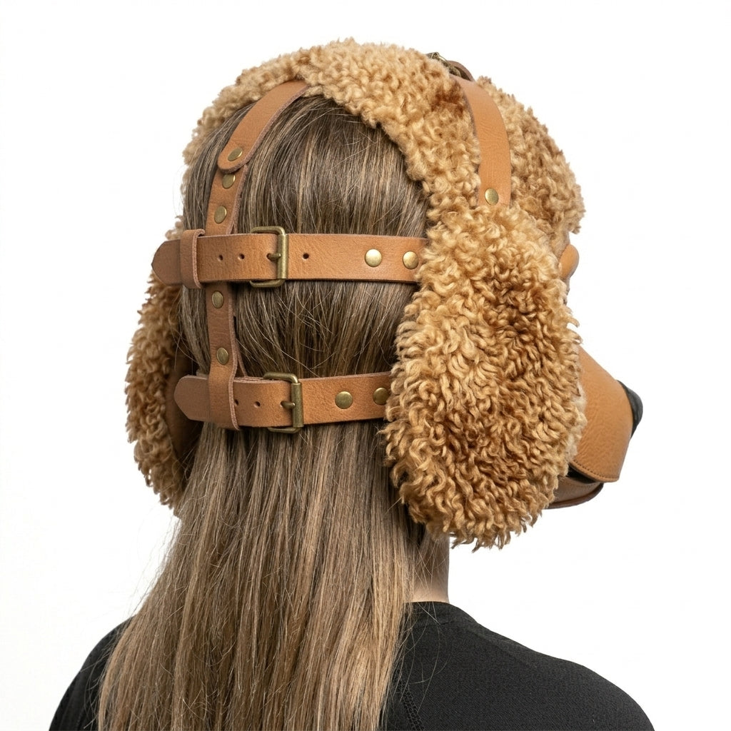 Leather Poodle Mask Faux Shearling Full-Head Dog Mask with Adjustable Buckle Harness