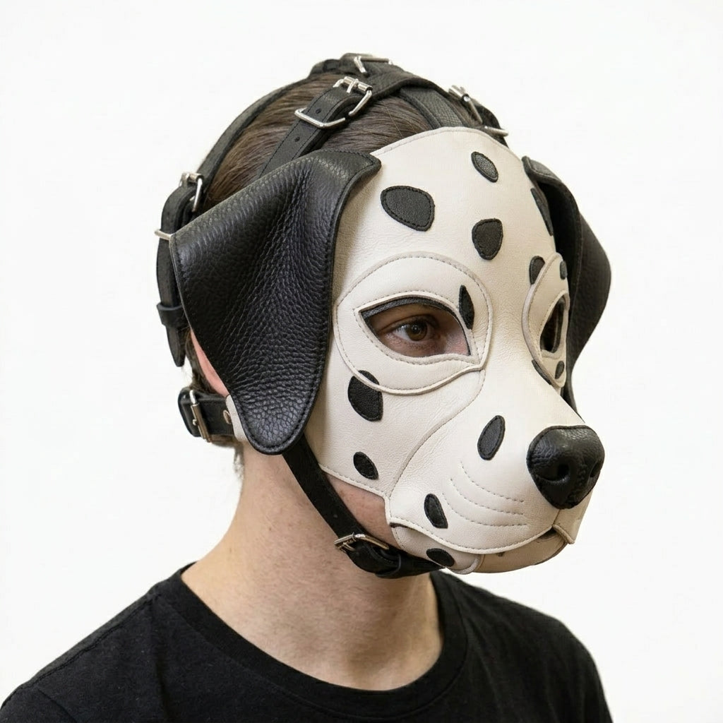Leather Dalmatian Mask – Full-Head Spotted Dog Mask with Adjustable Multi-Strap Harness