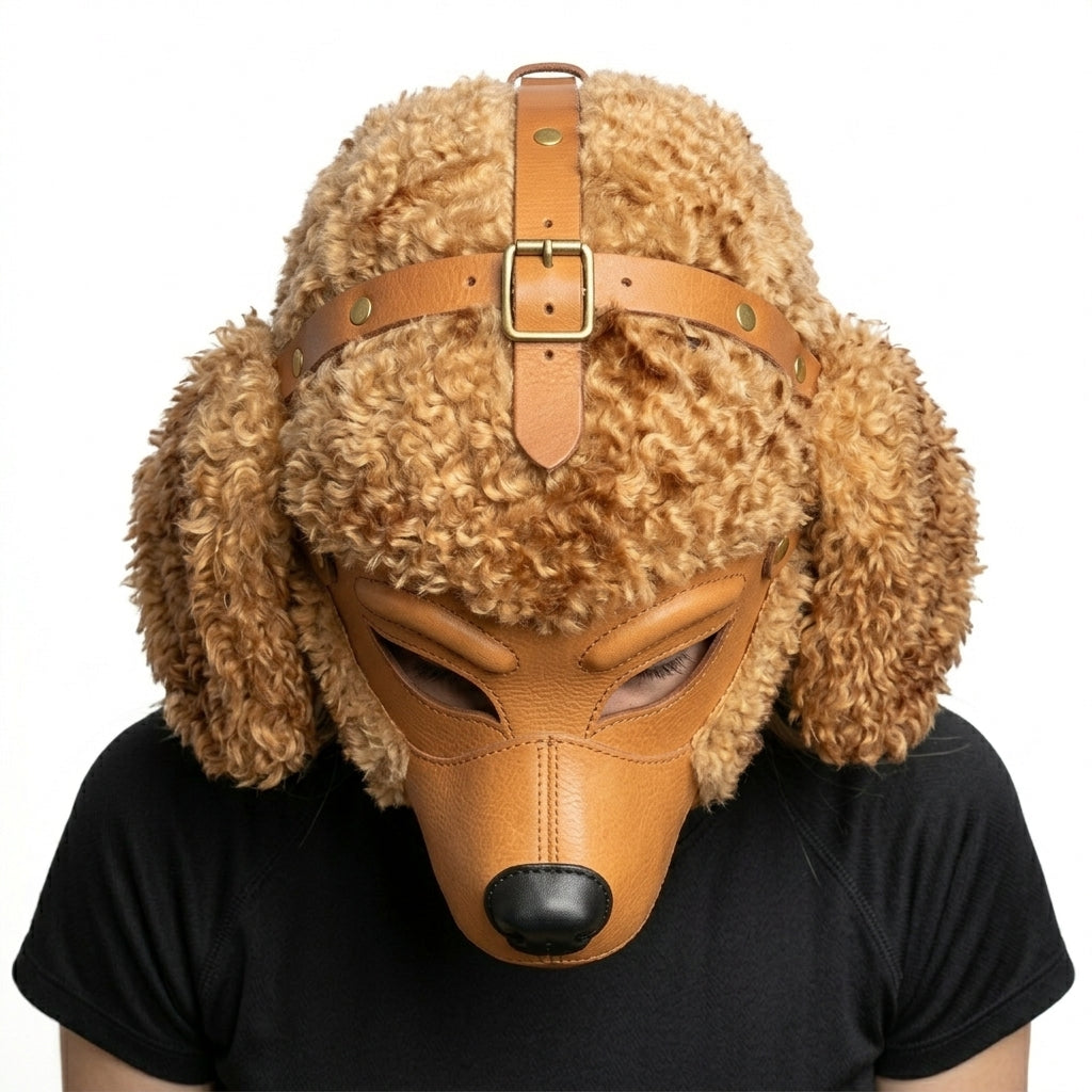 Leather Poodle Mask Faux Shearling Full-Head Dog Mask with Adjustable Buckle Harness