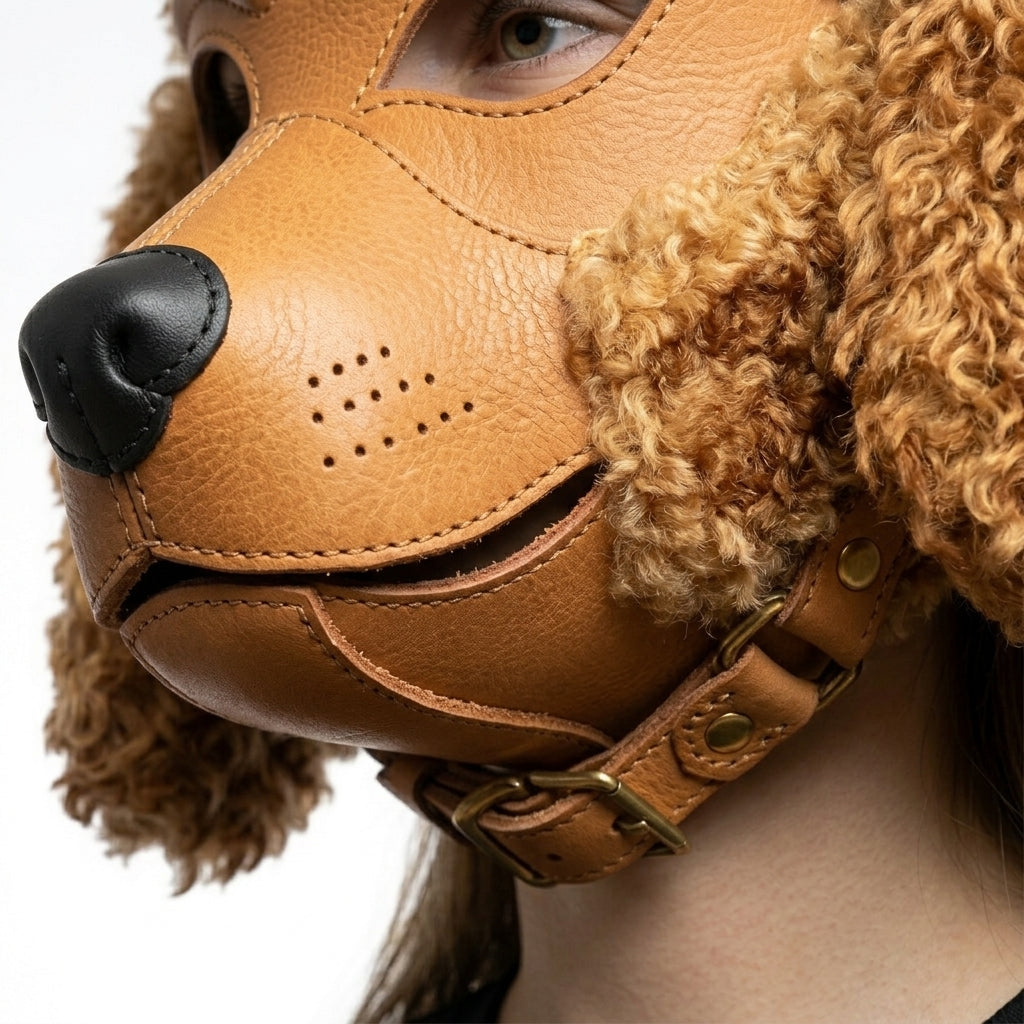 Leather Poodle Mask Faux Shearling Full-Head Dog Mask with Adjustable Buckle Harness