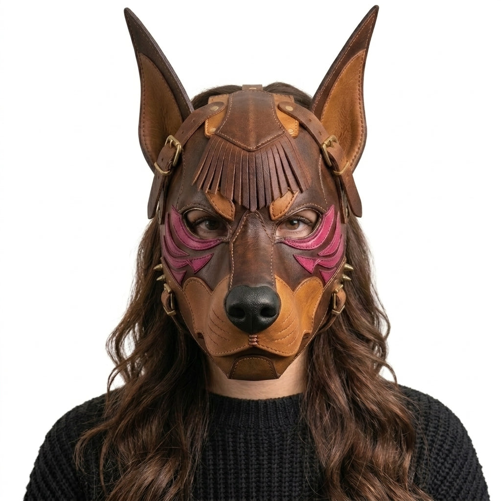 Handcrafted Leather Wolf Mask — Tribal Warrior Animal Mask with Spike Hardware