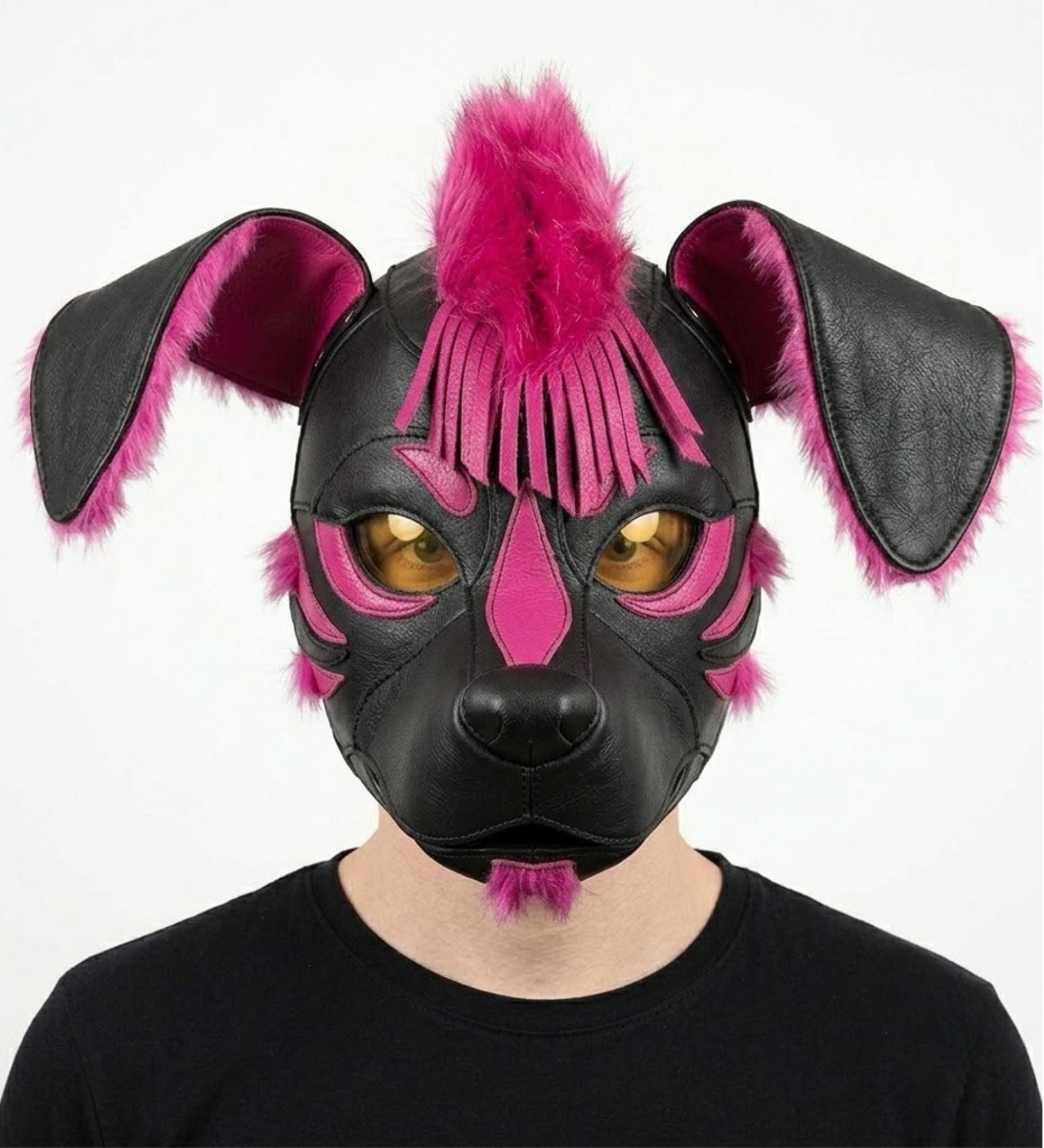 Handmade Leather Skunk Dog Hood Mask Black & Pink Puppy Hood