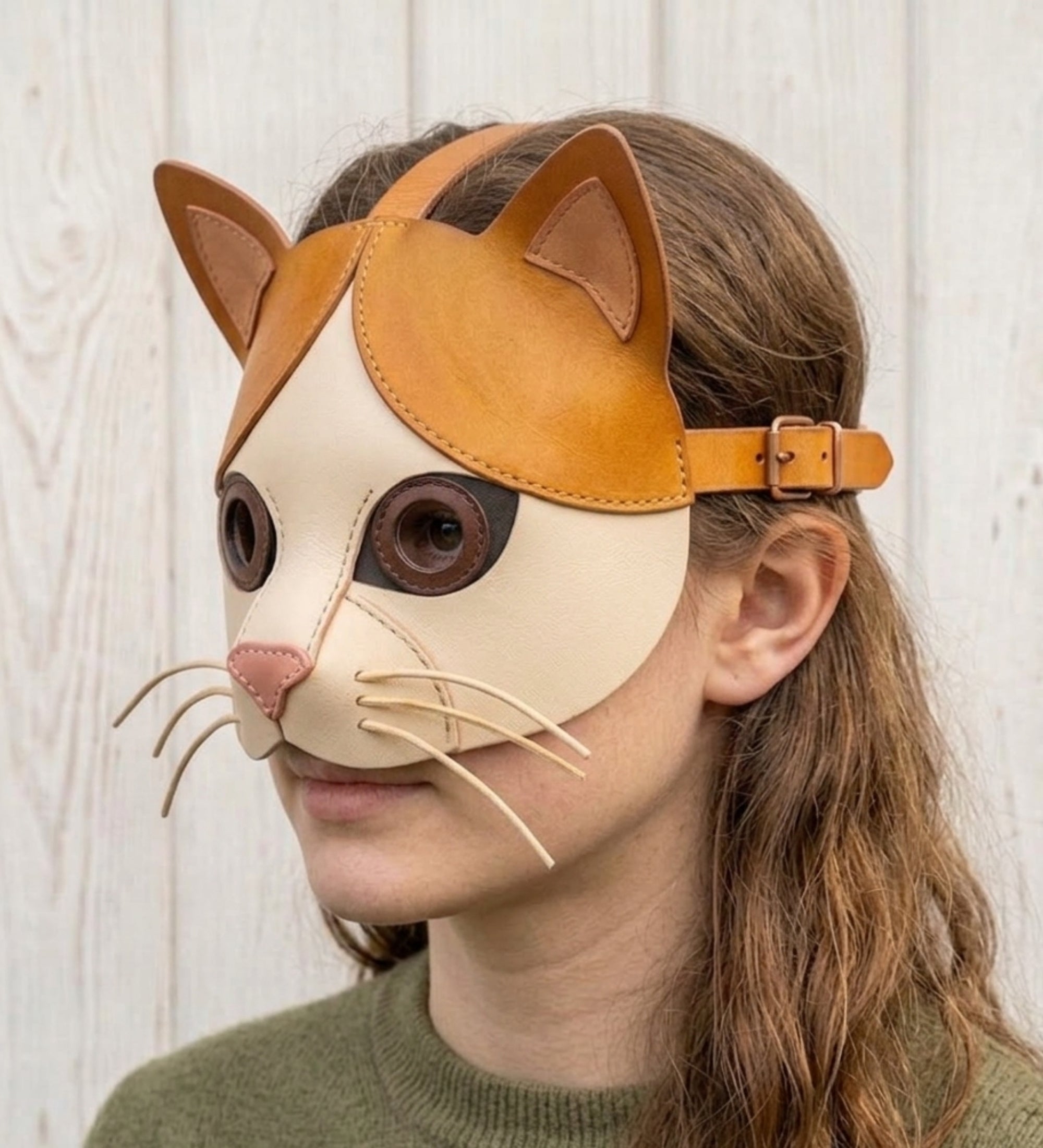 Handmade Leather Cat Mask – Two-Tone Calico Half Mask with Whiskers