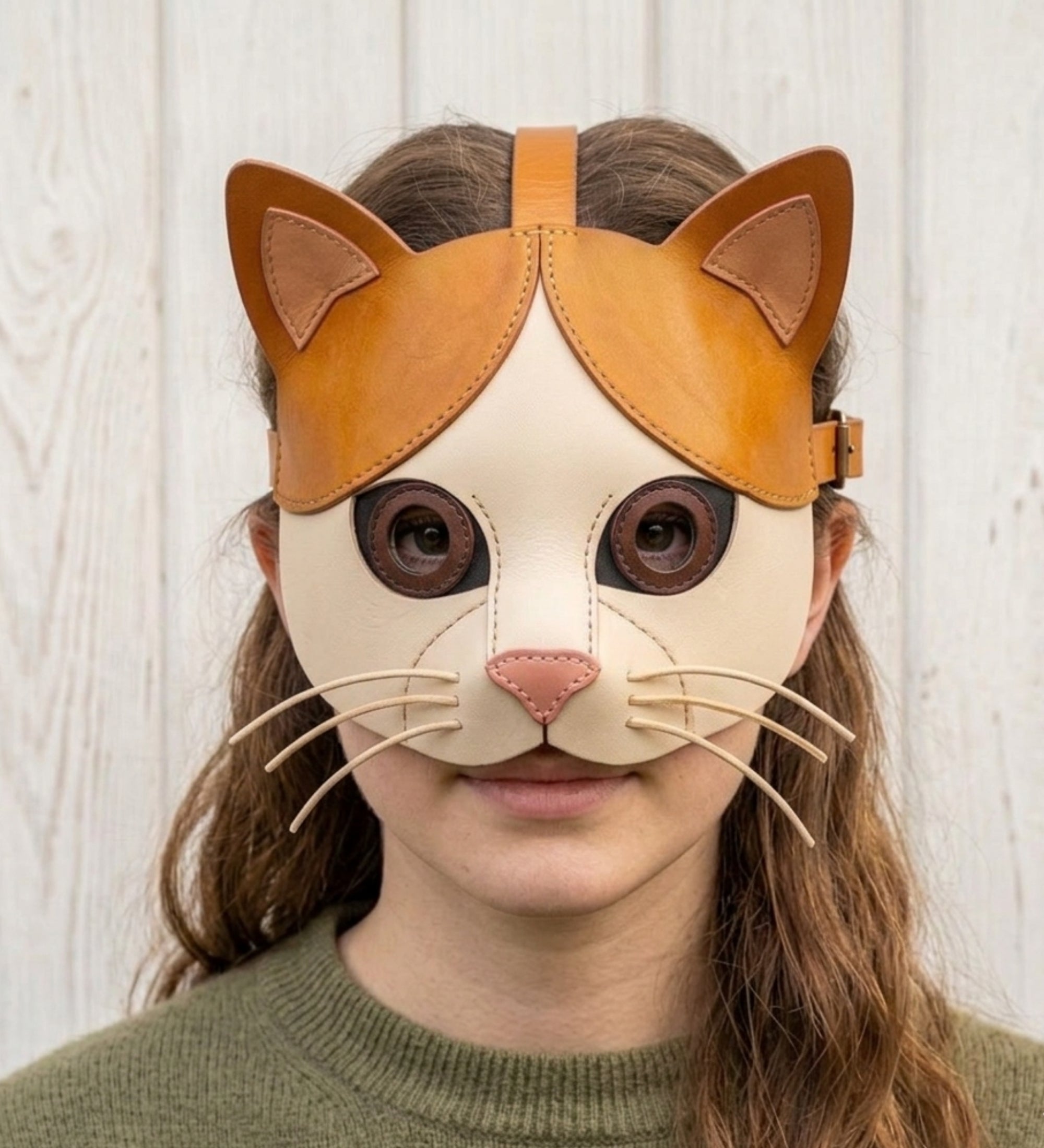 Handmade Leather Cat Mask – Two-Tone Calico Half Mask with Whiskers