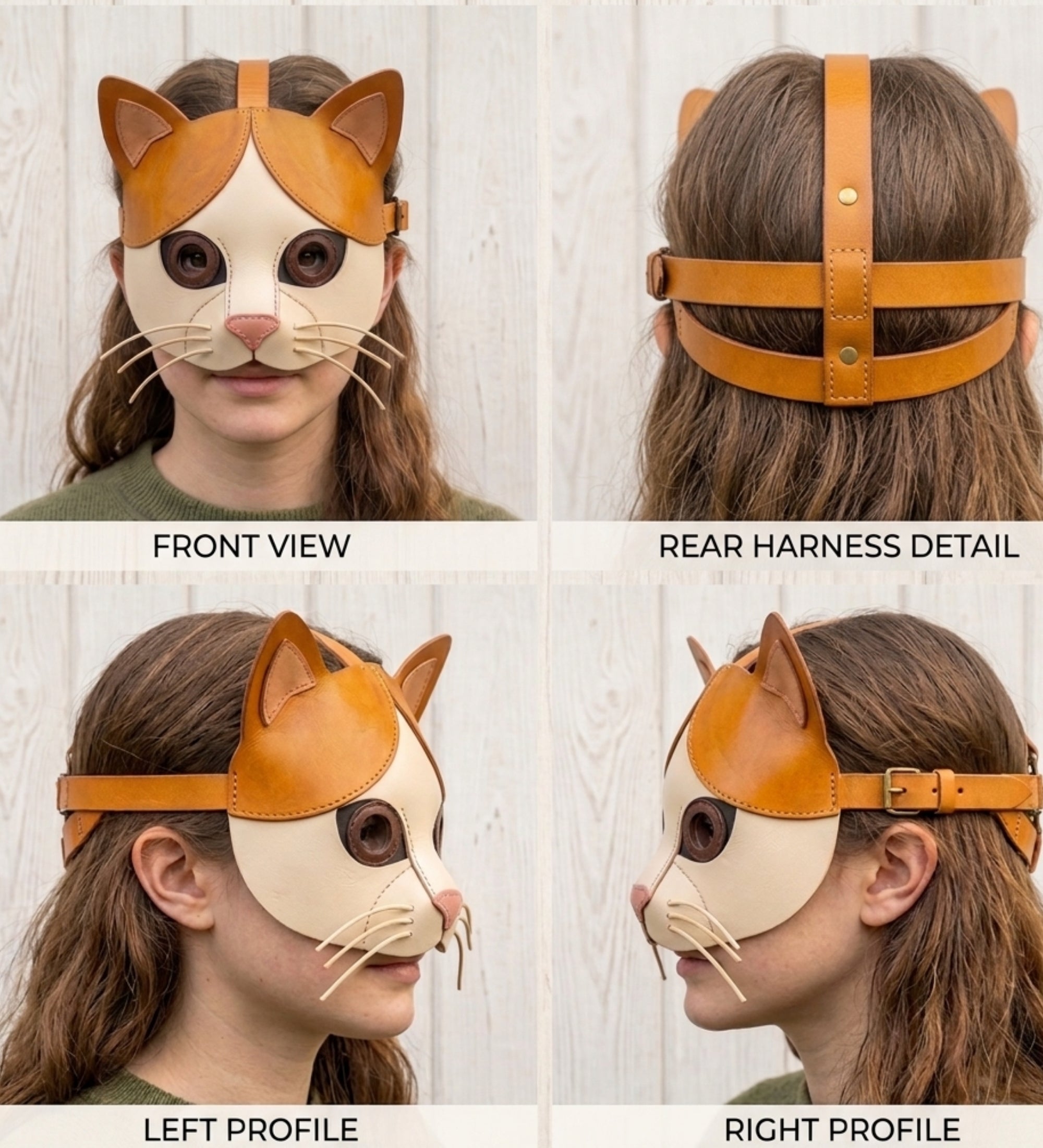 Handmade Leather Cat Mask – Two-Tone Calico Half Mask with Whiskers