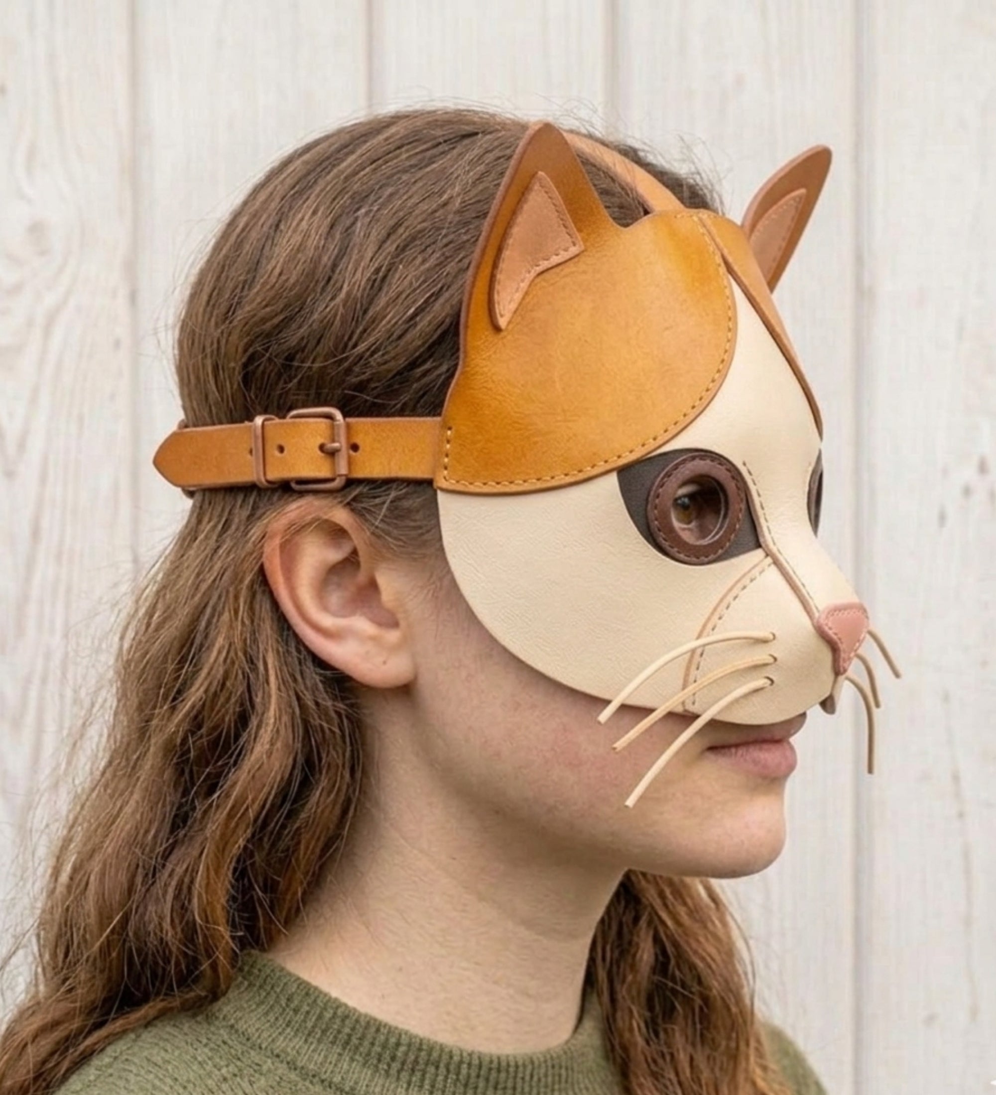 Handmade Leather Cat Mask – Two-Tone Calico Half Mask with Whiskers