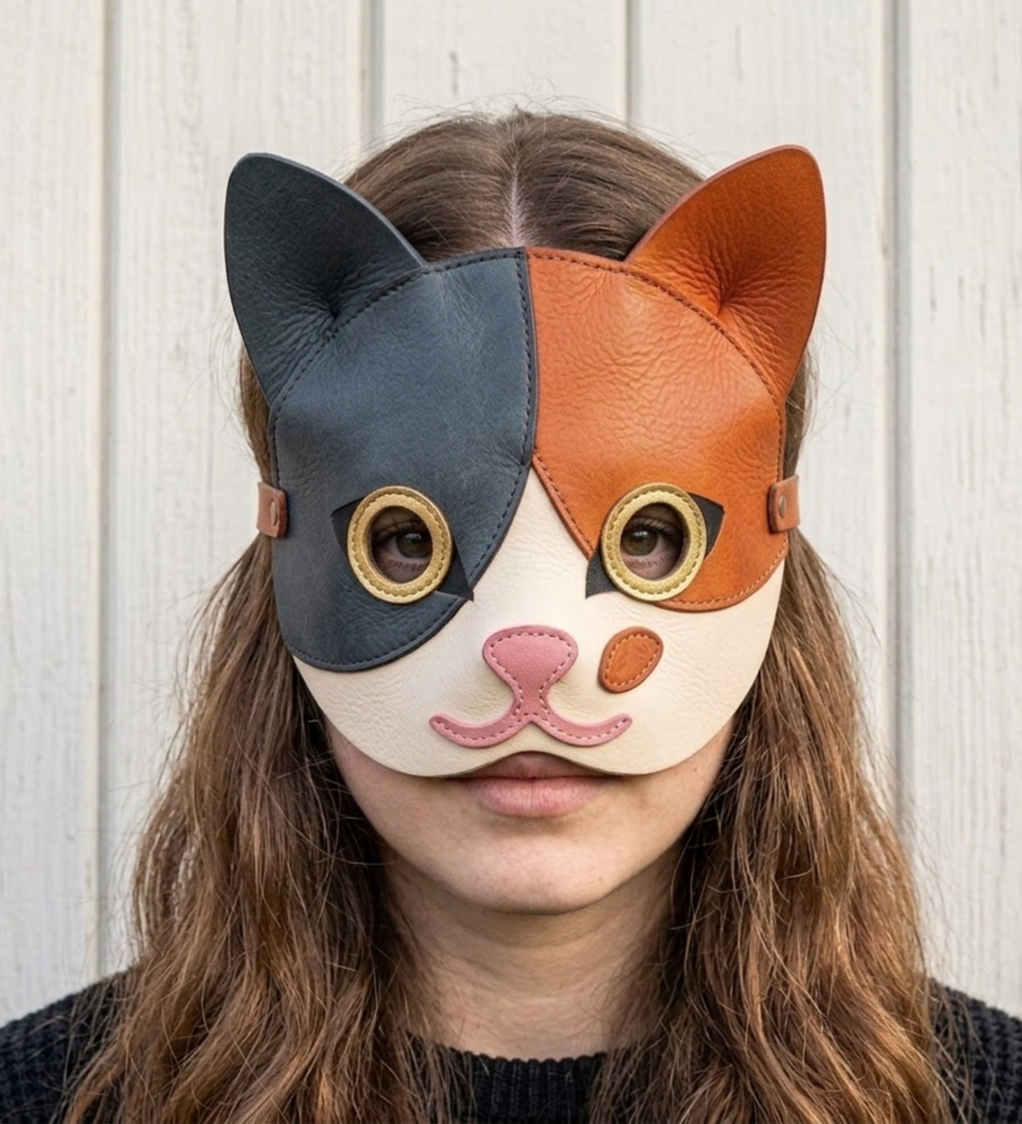 Leather Cat Mask – Asymmetric Grey & Rust Color-Block Half Mask with Adjustable Strap