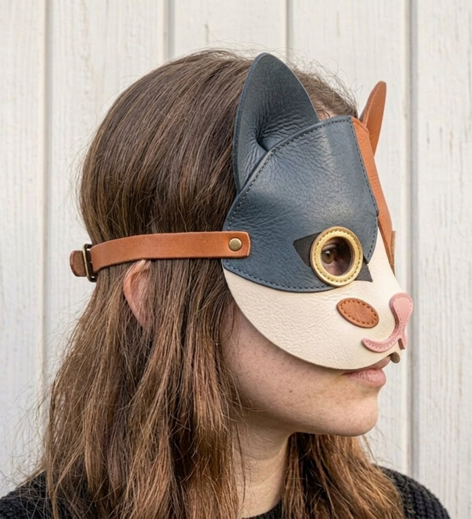 Leather Cat Mask – Asymmetric Grey & Rust Color-Block Half Mask with Adjustable Strap