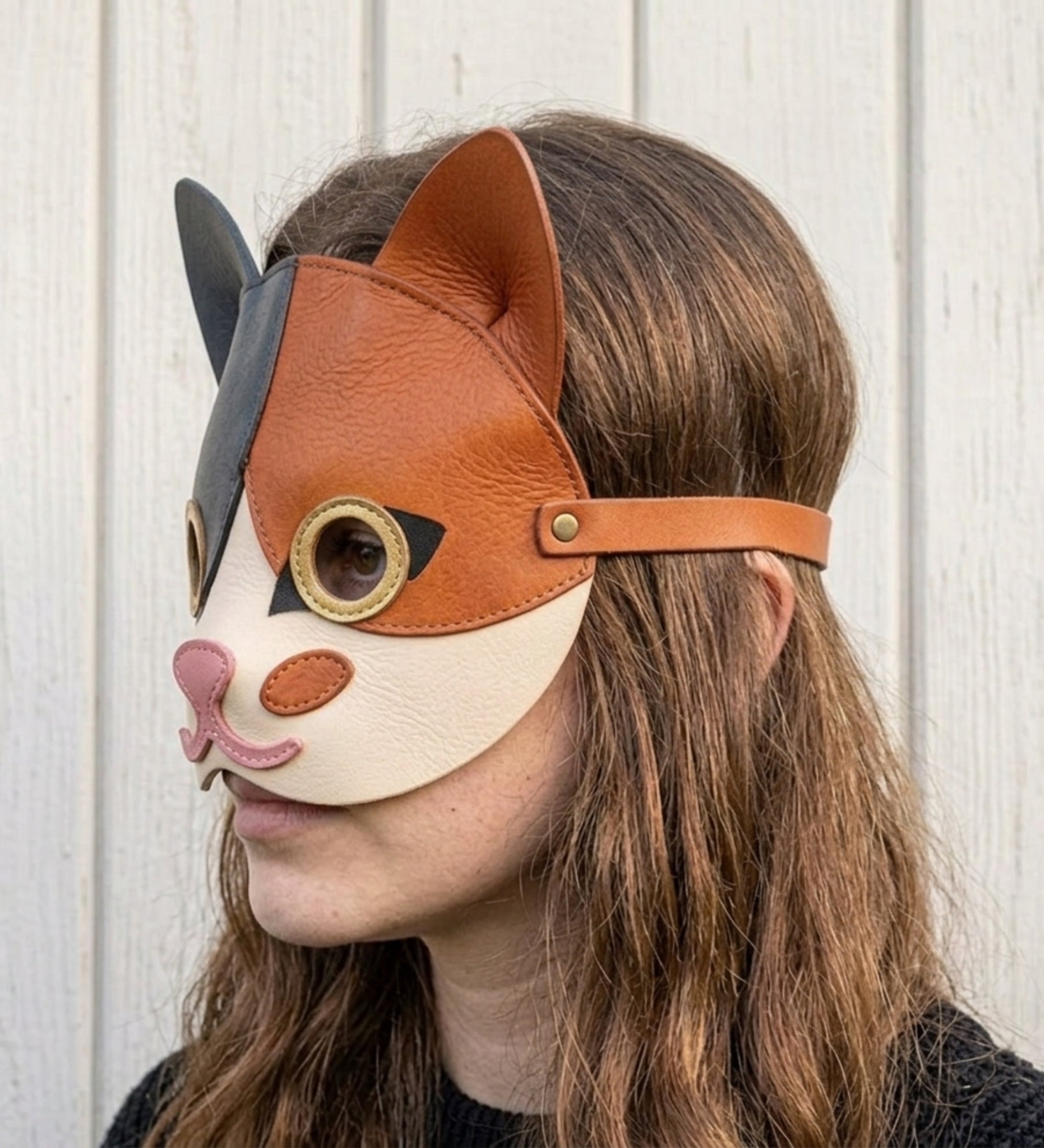 Leather Cat Mask – Asymmetric Grey & Rust Color-Block Half Mask with Adjustable Strap