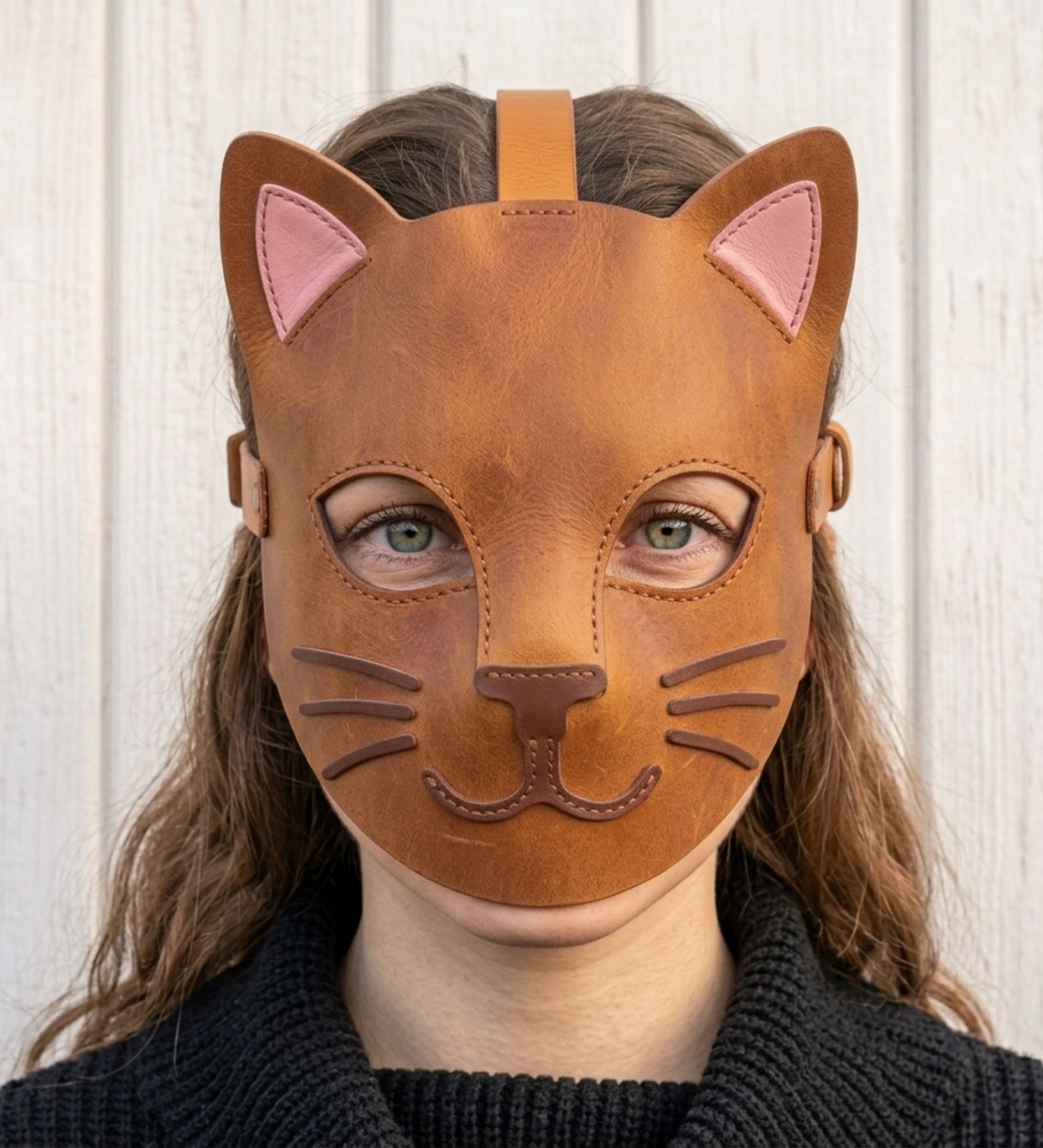 Leather Cat Mask – Full-Face Tan Cat Mask with Pink Ears & Two-Tone Harness