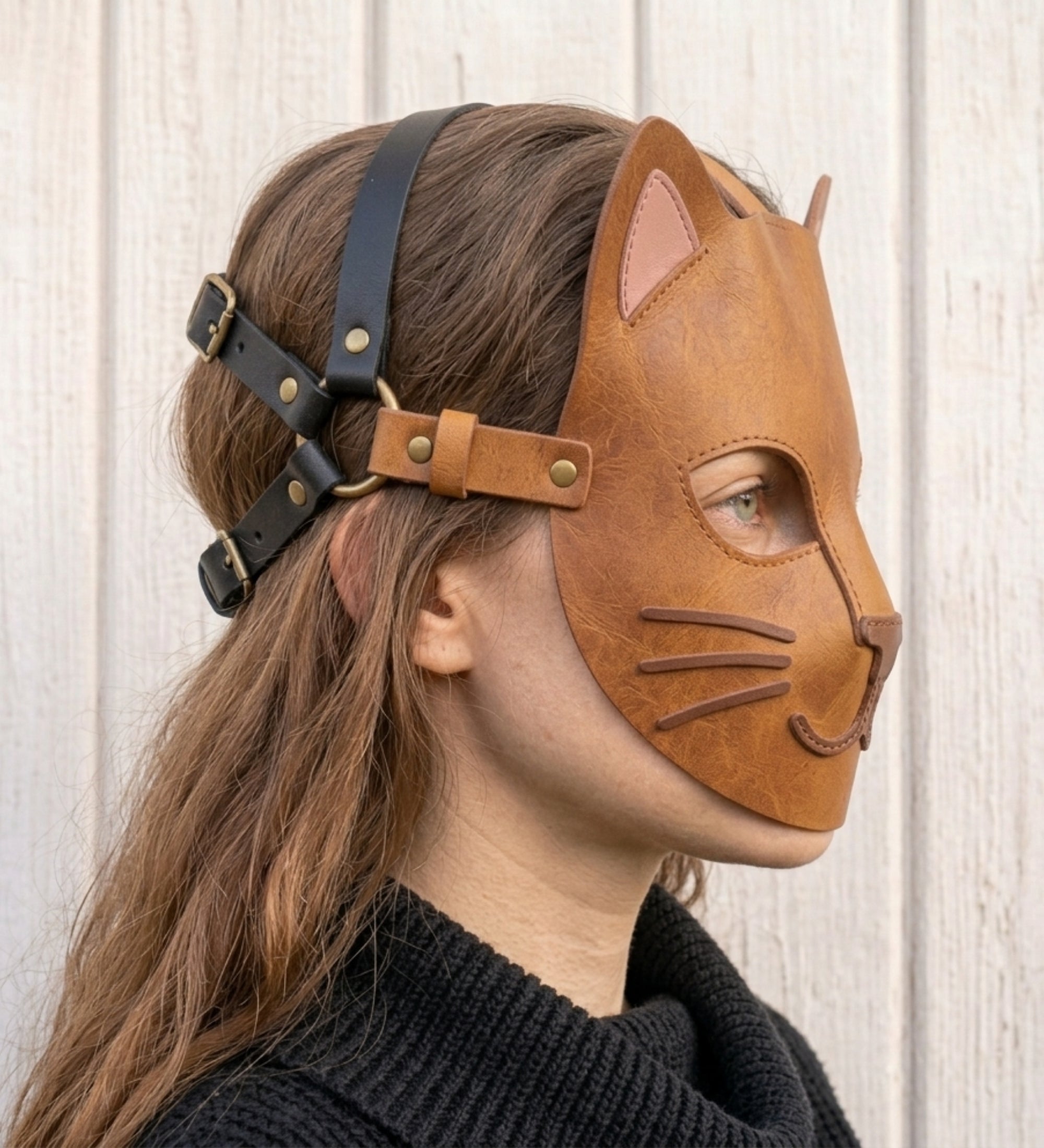 Leather Cat Mask – Full-Face Tan Cat Mask with Pink Ears & Two-Tone Harness