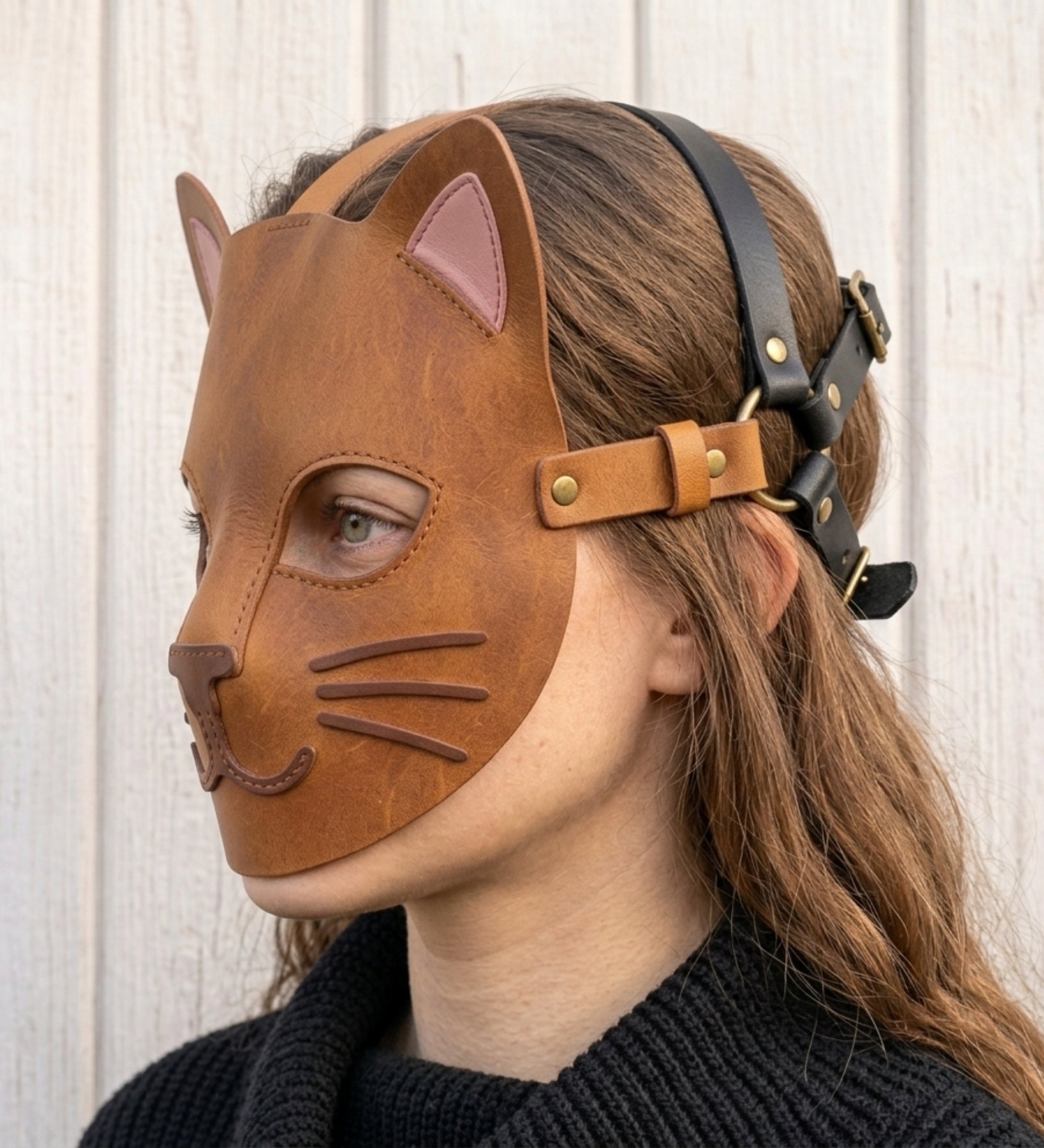 Leather Cat Mask – Full-Face Tan Cat Mask with Pink Ears & Two-Tone Harness