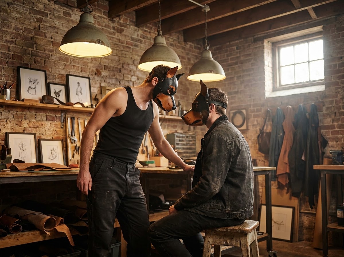 Leather artisans wearing handcrafted masks in the atelier workshop