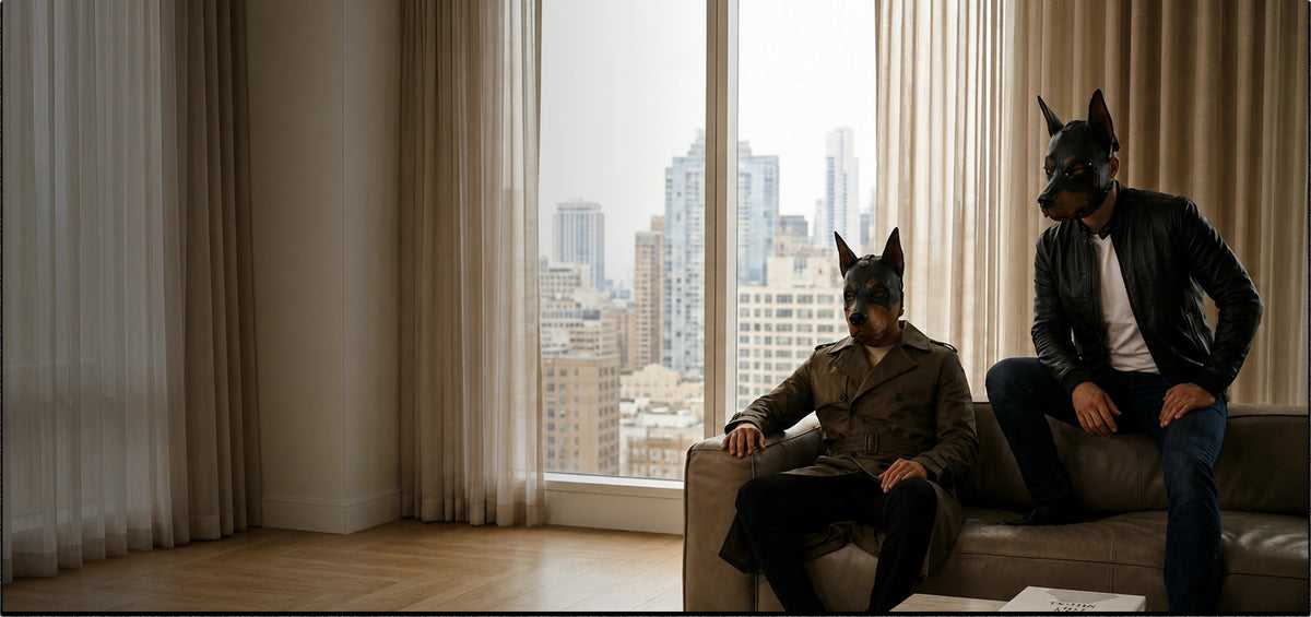 Two figures wearing handcrafted leather dog masks in a city apartment